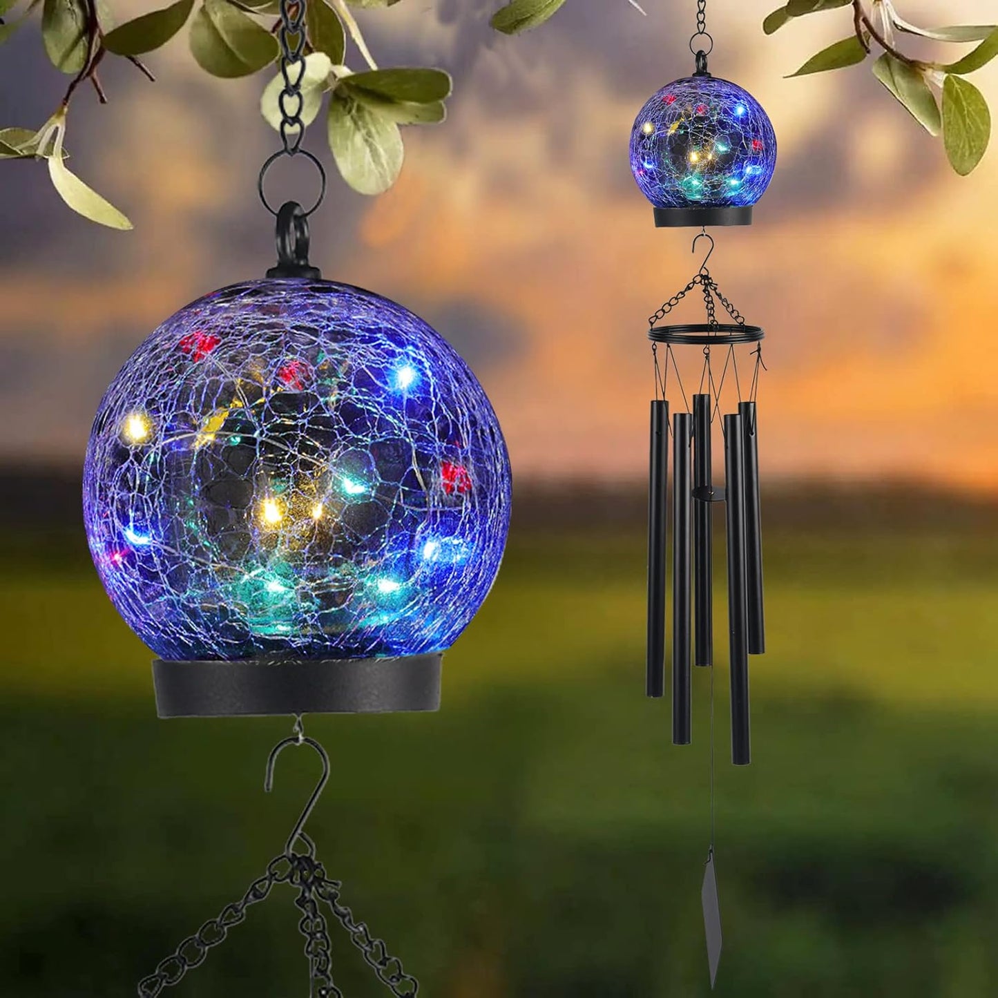 Wind Chimes Outdoor Solar Lights, 42 Inch Large Sympathy Chime 15 LED Twinkle Multi Color Crackled Glass Ball Birthday Gifts for Women Decorative Hanging in Garden, Yard, Patio, Landscape