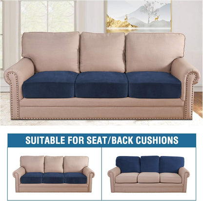 H.VERSAILTEX Velvet Stretch Couch Cushion Cover Plush Cushion Slipcover for Chair Loveseat Sofa Cushion Furniture Protector Seat Cushion Sofa Cover (3 Piece Sofa Cushion Covers, Navy)
