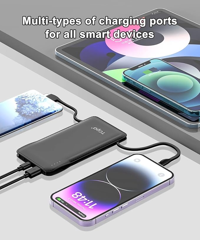 TG90° Portable Charger with Cords Only 10000mAh Power Bank with Built in Cables(No Plug) Battery Backup Cell Phone External Battery Pack Compatible with iPhone 17 16 15 14 13 12 Samsung Google iPad