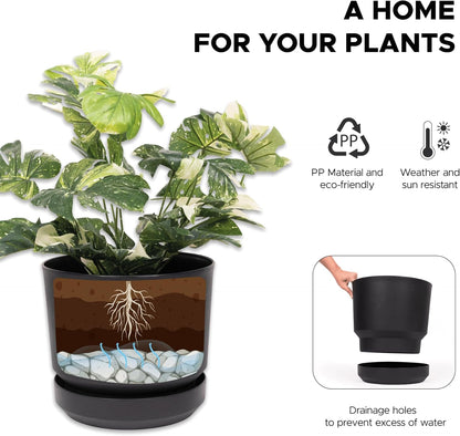 Elly Décor 12 inch Plastic Cylinder Planter Pot with Self-Watering Saucer and Drainage Hole,Lightweight & Extremely Durable, 12"x 12", Black