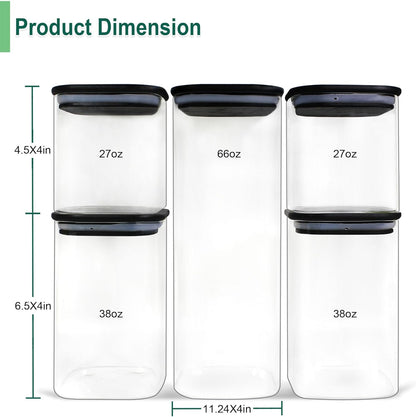 Urban Green Glass Jars with Black Bamboo Lids, food storage sets with airtight black lids, Glass Canisters Sets, Kitchen Organizing Jars (5 Sets of 27oz, 38oz, 66oz)