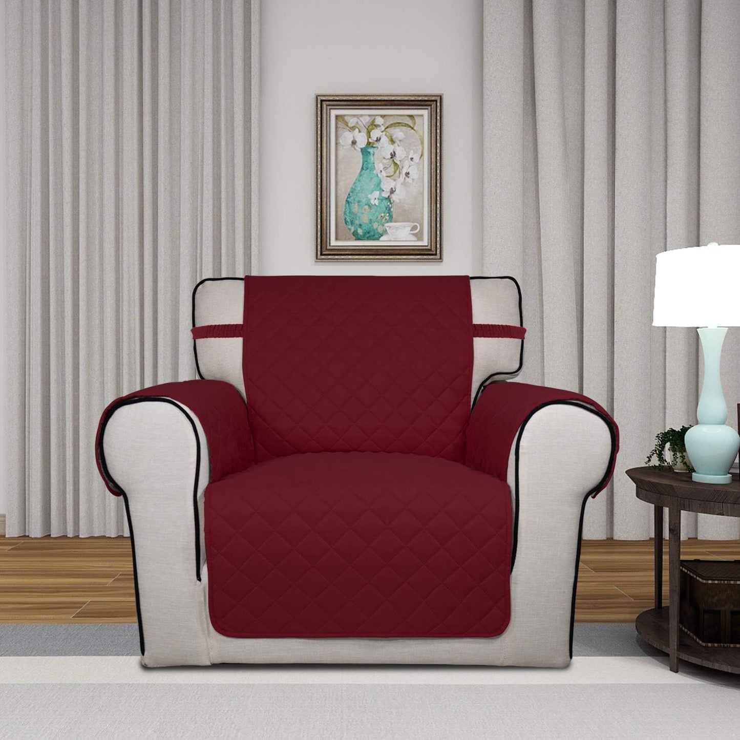 PureFit Reversible Quilted Sofa Cover, Water Resistant Slipcover Furniture Protector, Washable Couch Cover with Non Slip and Elastic Straps for Kids, Pets (Chair, Red/Ivory)