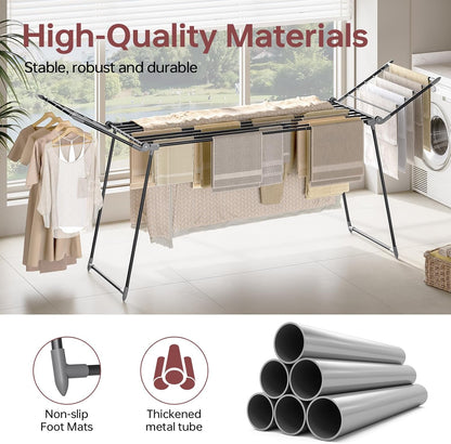 APEXCHASER Clothes Drying Rack Foldable, Large Drying Rack for Clothing Retractable, Winged Laundry Rack Folding Indoor Outdoor, Metal Clothes Airer for Bedding Towel Sweater Heavy Duty, Black