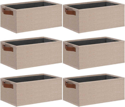 GhvyenntteS Small Fabric Storage Bins 6 Pack, 11.8" x 7.87" x 5.11" Storage Basket with Leather Handles, Closet Storage Bins for Shelves, Storage Baskets for Shelves, DVD Storage (Beige Yellow)