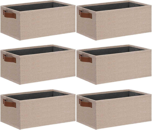 GhvyenntteS Small Fabric Storage Bins 6 Pack, 11.8" x 7.87" x 5.11" Storage Basket with Leather Handles, Closet Storage Bins for Shelves, Storage Baskets for Shelves, DVD Storage (Beige Yellow)