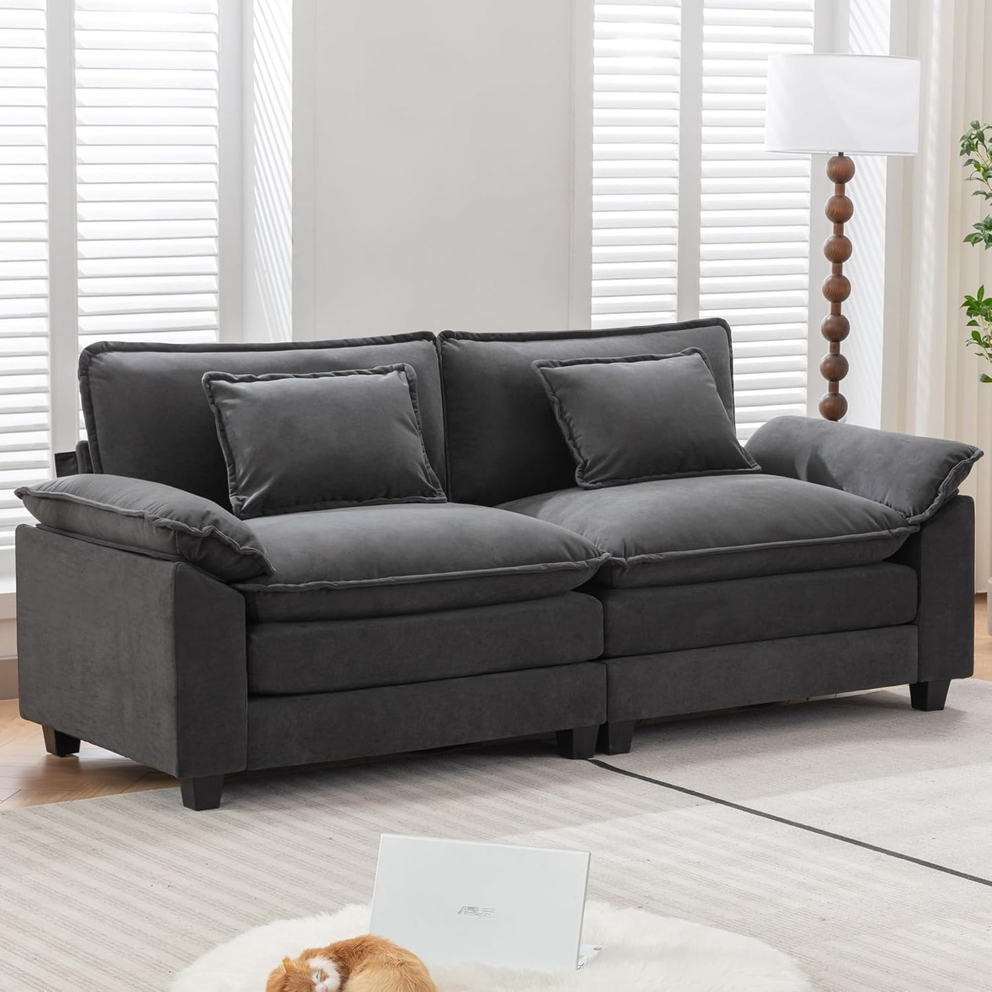 URRED Modular Sectional Sofa Comfy Cloud Couch, Modern Velvet Sofa Sleeper Deep Seat Couches with Ottoman/Pillows for Living Room (Dark Gray, 82.6'')