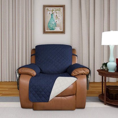 PureFit Reversible Quilted Sofa Cover, Water Resistant Slipcover Furniture Protector, Washable Couch Cover with Non Slip and Elastic Straps for Kids, Dogs, Pets (Oversized Recliner, Navy/Ivory)