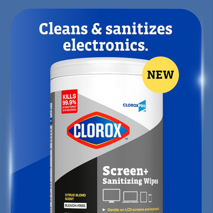 CloroxPro Clorox Screen+ Sanitizing Wipes, Bleach Free Cleaning Wipes, Citrus Blend Scent, 75 Count, Pack of 6