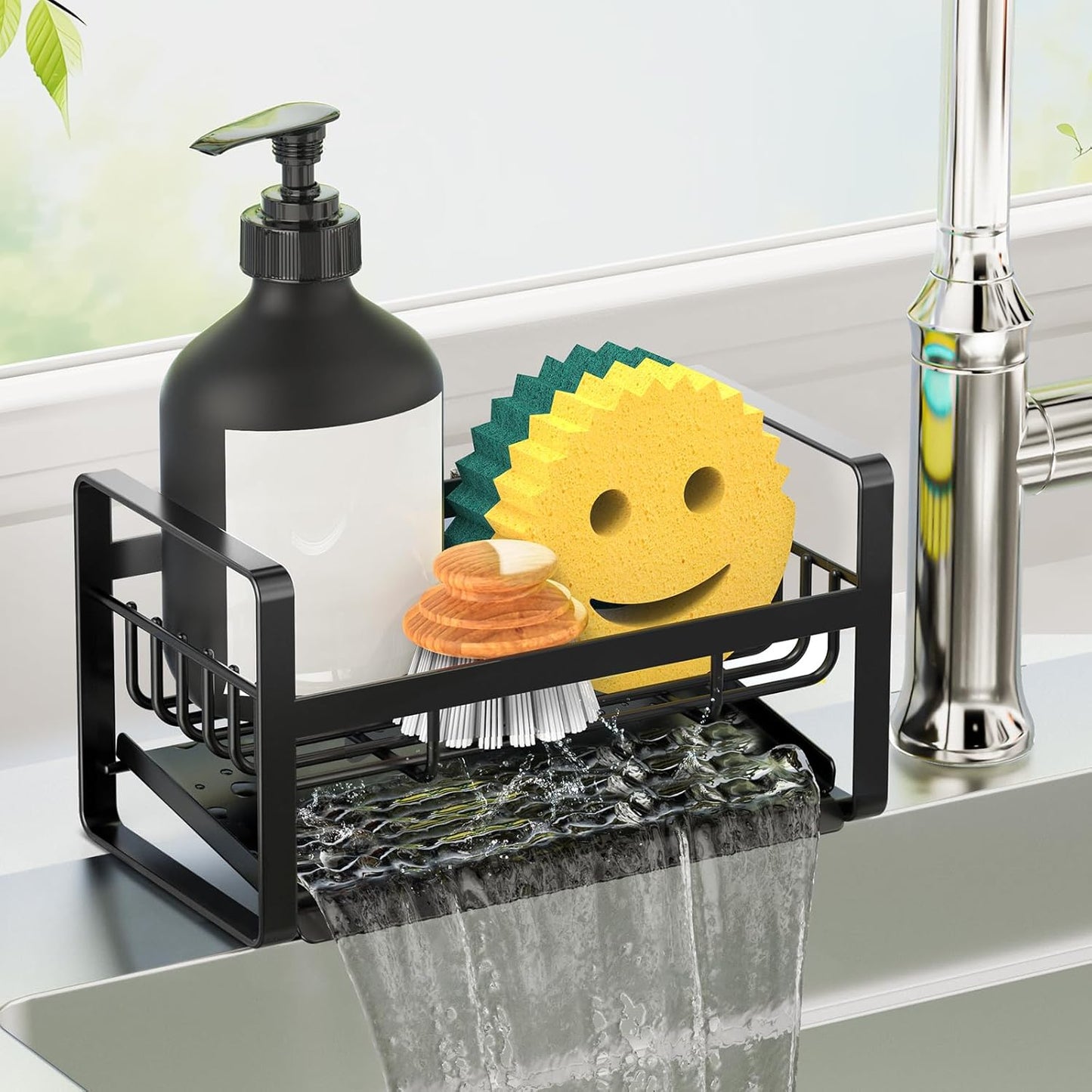 Sponge Holder for Kitchen Sink,Stainless Steel Kitchen Sink Organizer with Auto Draining Tray,Kitchen Countertop Soap Dispenser Organizer,Black
