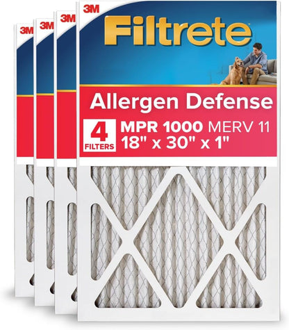 Filtrete 18x30x1 AC Furnace Air Filter, MERV 11, MPR 1000, Micro Allergen Defense, 3-Month Pleated 1-Inch Electrostatic Air Cleaning Filter, 4 Pack (Actual Size 17.81 x 29.81 x 0.81 in)