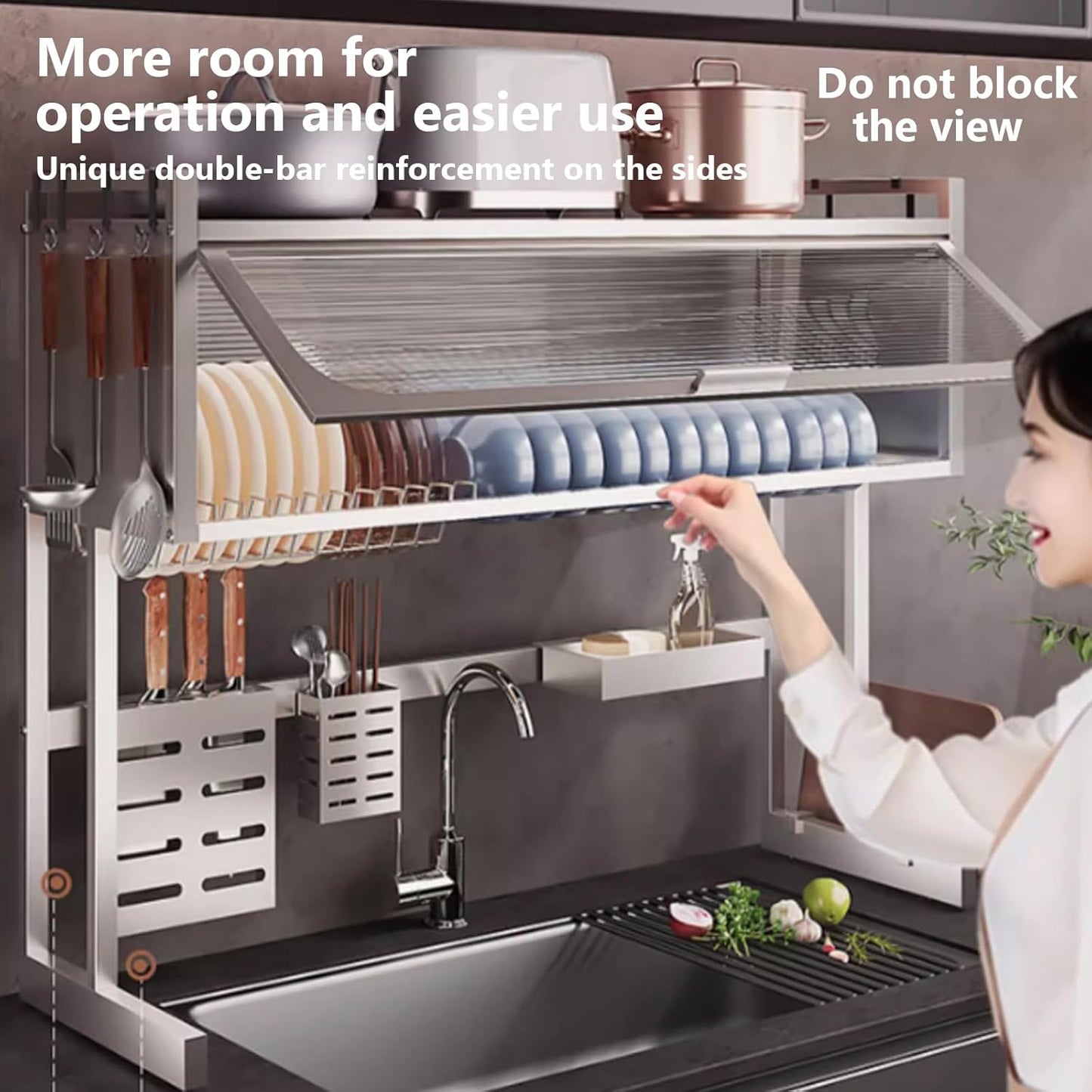 Home Furnishing Dish Rack Over Sink Stainless Steel Over The Sink Dish Drainer Drying Rack Space Kitchen Sink Rack Multifunctional countertop Dish Storage Rack Sink(Metallic,85cm/33.5in)