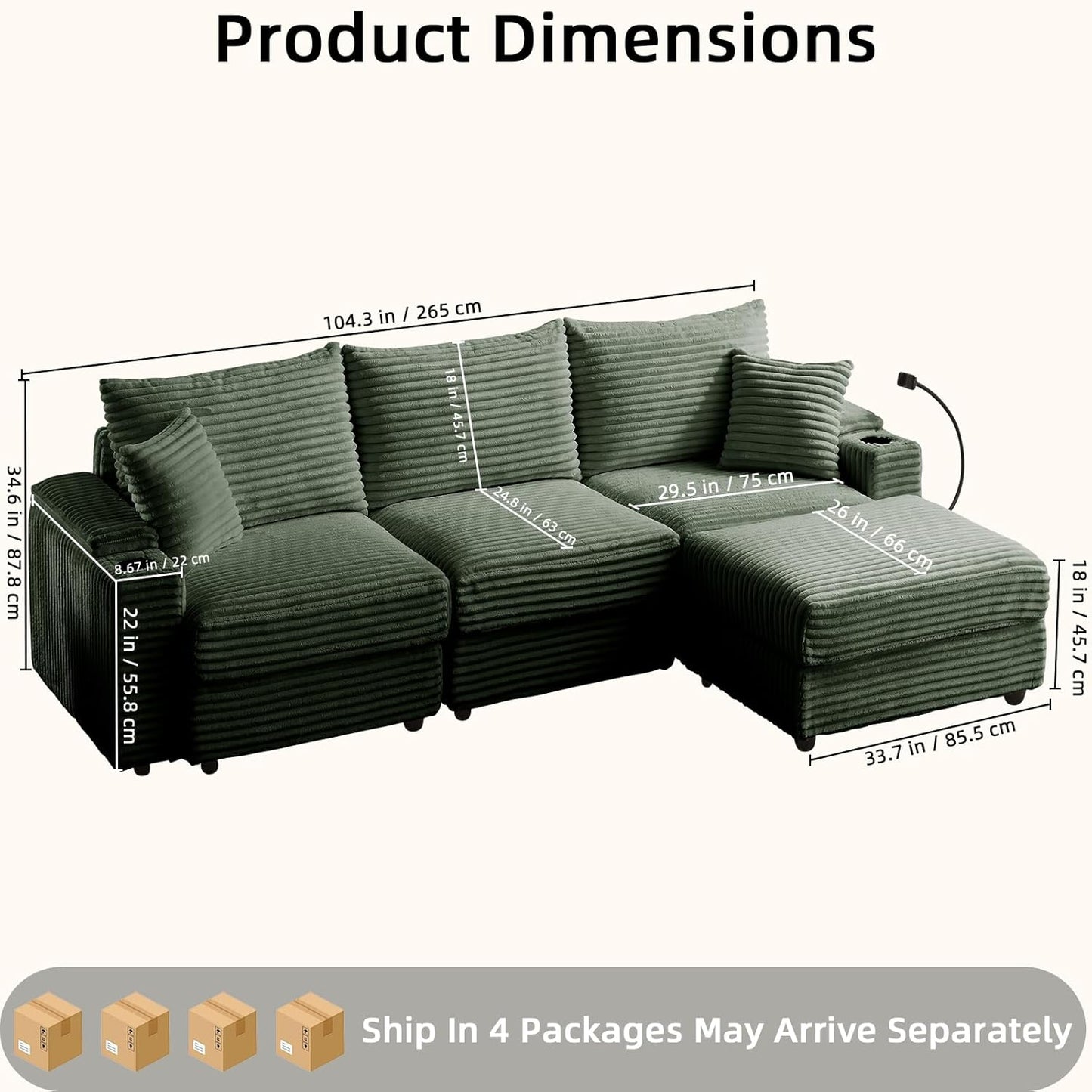 Modular Sectional Sofa Couch, Plush Corduroy Fabric Sectional Couches for Living Room with USB Charging Ports, Phone Holders, and Multi-Functional Storage Armrests (Green, 3set+1ottoman)