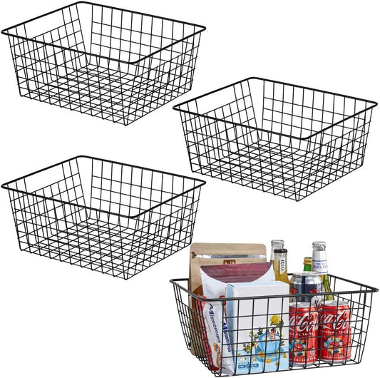 Kitchen Wire Baskets Farmhouse Decor Metal Food Storage Organizer,Household Refrigerator Bin with Built-in Handles for Cabinets,Pantry,Bathroom,Black