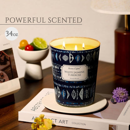 HomeLights Scented Candles for Women & Men, 34oz Candle Jars Aromatherapy 3-Wick Candle, Ideal for Bohemian Natural Textures Home Decor and Gifts, White Jasmine Tuberose
