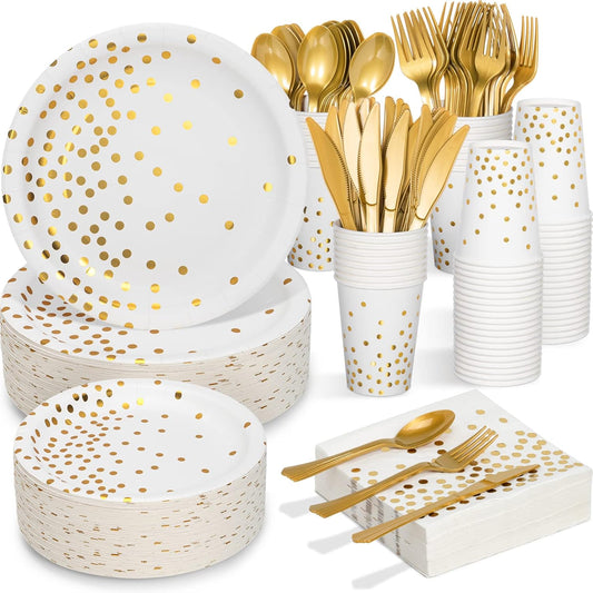 White and Gold Party Supplies, 350PCS Disposable Dinnerware Set w/White Paper Plates Napkin Cups Plastic Forks Knives Spoon for Women Men Birthday Christmas Retirement New Year Eve 2025 Decorations