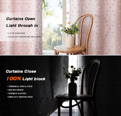 MYSKY HOME 100% Blackout Curtains for Girls Bedroom 90 Inch Long Total Room Darkening Curtain for Living Room 2 Panels Grommet Light Blocking Sliding Door Drapes Blush Pink Pom Pom Sheer 52" x 90"