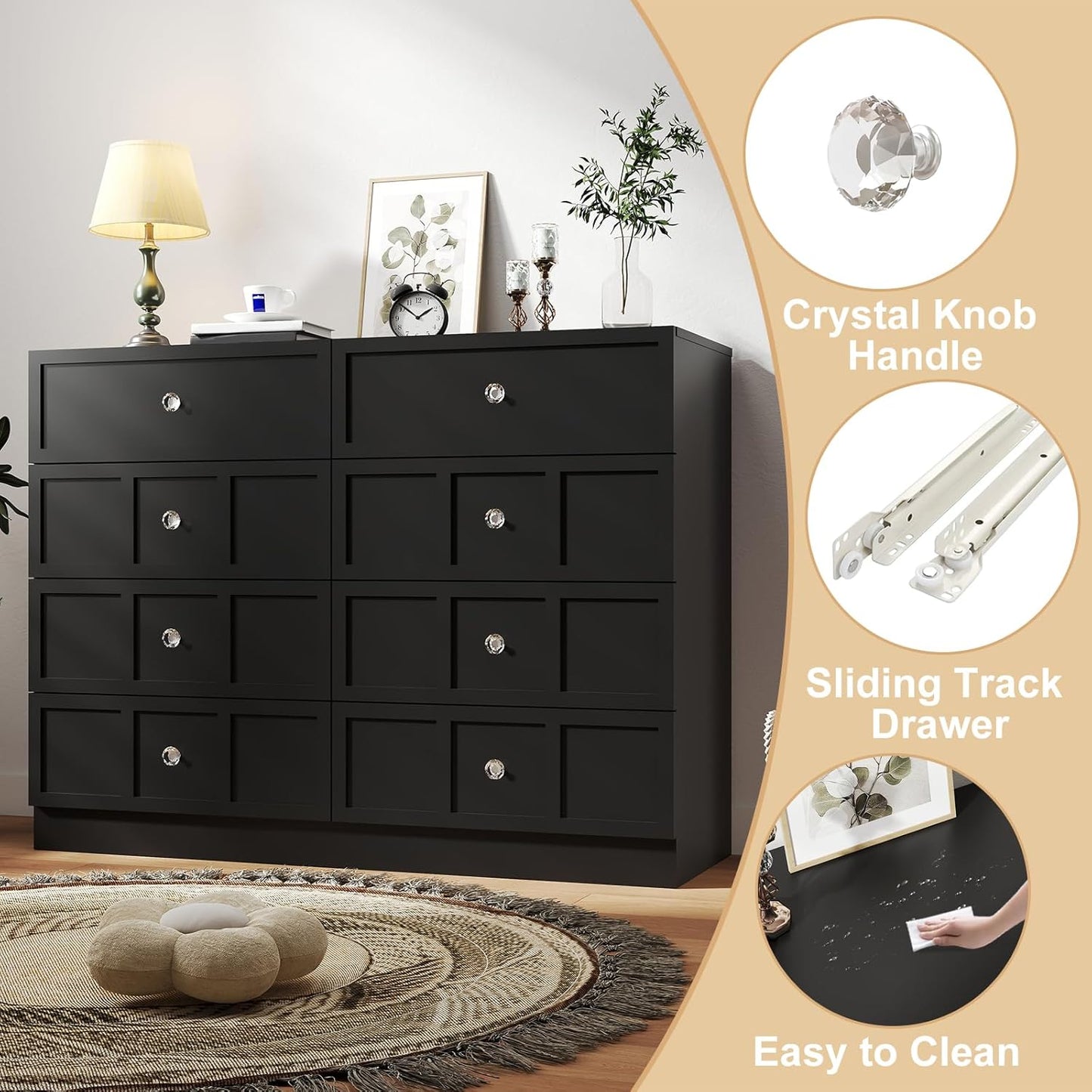 Wood Dresser for Bedroom 8 Drawer: 47" Black Chest of Drawers Wood, Modern Fluted Cabinet with Sturdy Storage, Wide Aesthetic Furniture for Room Organization