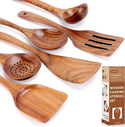 SPATUAMZ Wooden Cooking Spoons, Ladle and Spatula, Fine Polished Teak Wood Cooking Utensils Set of 6, Nonstick Wooden Kitchen Spoon & Spatula Set