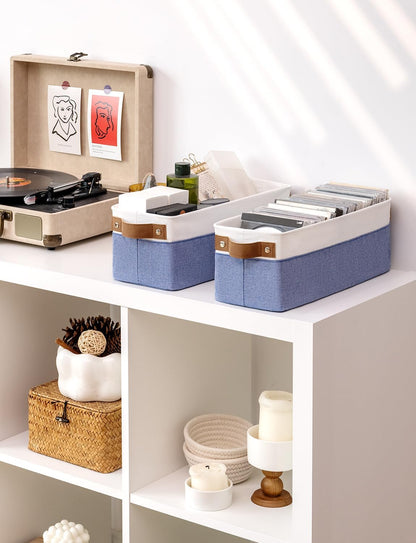 StorageWorks Narrow Storage Bins, Small Basket for Closet and Shelves, Fabric Organizer with Handles, Toilet Paper Storage, Blue and White, 2-Pack