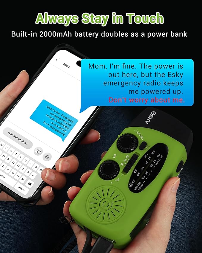 Esky Emergency Hand Crank Radio with 3 LED Flashlight, AM/FM/NOAA Portable Weather Radio with 2000mAh Power Bank Phone Charger, Solar Powered USB Rechargeable Radio for Indoor Outdoor Camping, Green