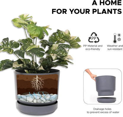 Elly Décor 10 inch Plastic Cylinder Planter Pot with Self-Watering Saucer and Drainage Hole,Lightweight & Extremely Durable, 10"x 10", Light Gray