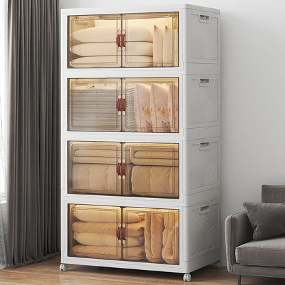 Extra Large Stackable Storage Bins with Lids & Wheels & Door, 660QT-165QT/41GAL*4Pack Foldable Collapsible Closet Organizers, Plastic Containers Drawers for Bedroom Dorm Garage