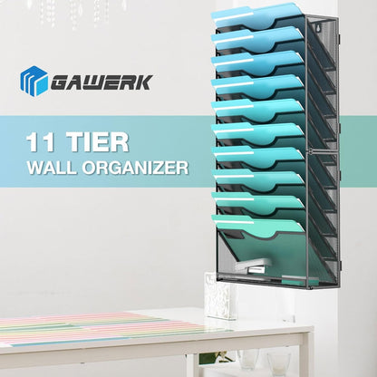11-Tier Wall File Organizer Hanging Wall File Holder Wall Mount Paper Folder Organize, Mesh Magazine Document Mail Organizer Wall Organizer for Office School Home, Black