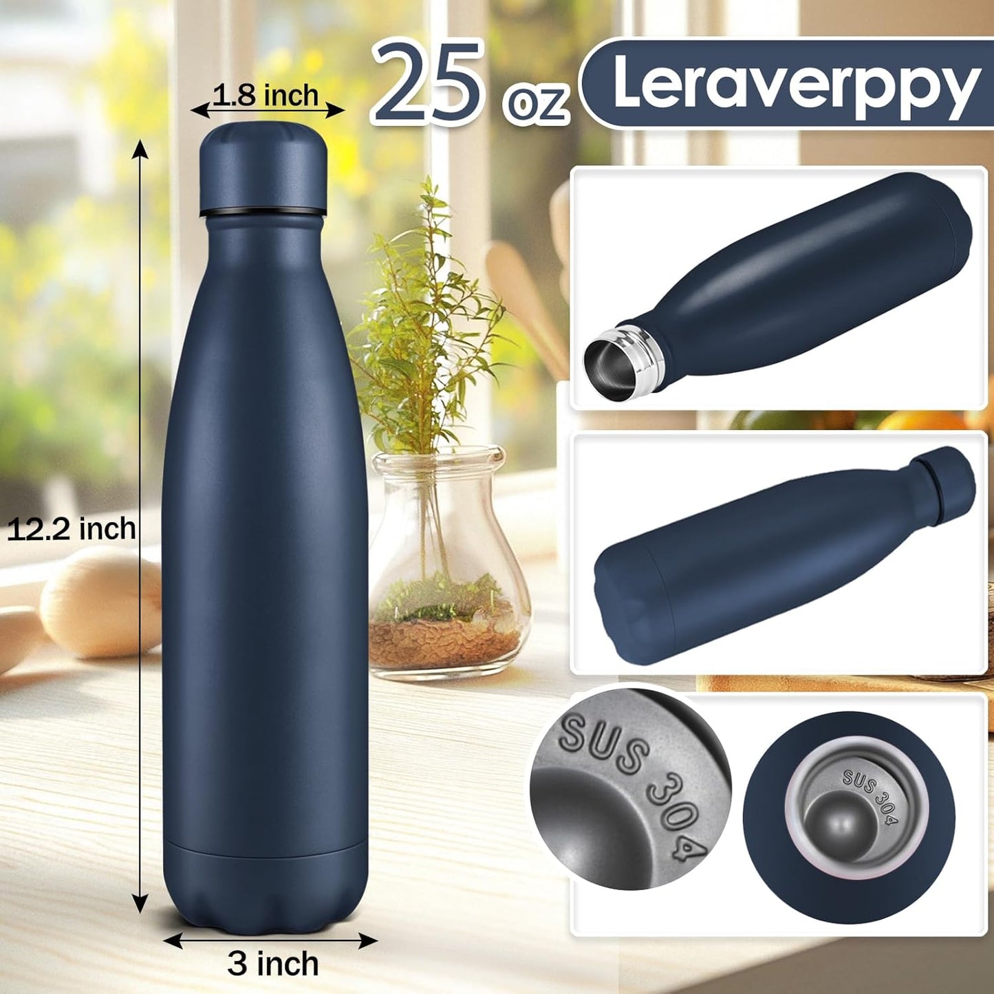 25oz Cola-Bottle Shaped Stainless Steel Leak-proof Water Bottle,Double Wall Vacuum Insulated Metal,Travel Mug For Sports Indoors & Outdoors,BPA-Free School Kids Flasks,Navy(1 Pack)