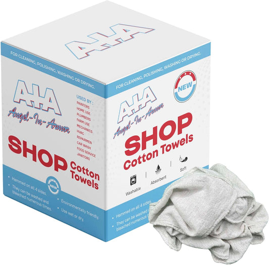 Angel-in-Armor Shop Towels (14”x14”) – 1000 Unit Box of Lint-Free Cotton Shop Towel Cleaning Rags – Durable Shop Rags for Auto, Garage, Industrial, and Commercial Use