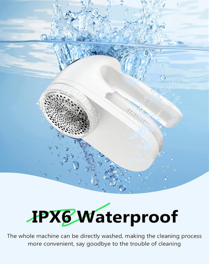 IPX6 Waterproof Washable Electric Fabric Shaver and Lint Remover, Rechargeable Sweater Defuzzer with 3 Free Extra Blades, Quickly and Effectively Remove Fluff, Fuzz, Bobbles for Clothes, White