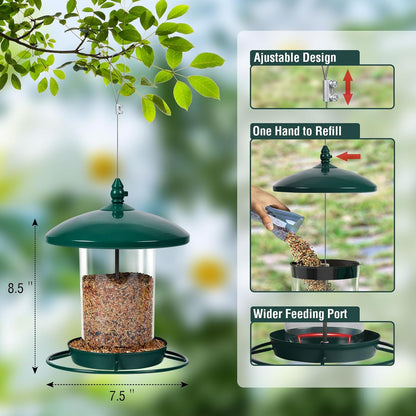 Metal Bird Feeder for Outdoors Hanging,3.0LB Seed Feeder,Easy to Fill & Clean,360° Feeding,Chew Proof Weatherproof Roof for Gardens and Wild Birds,Green