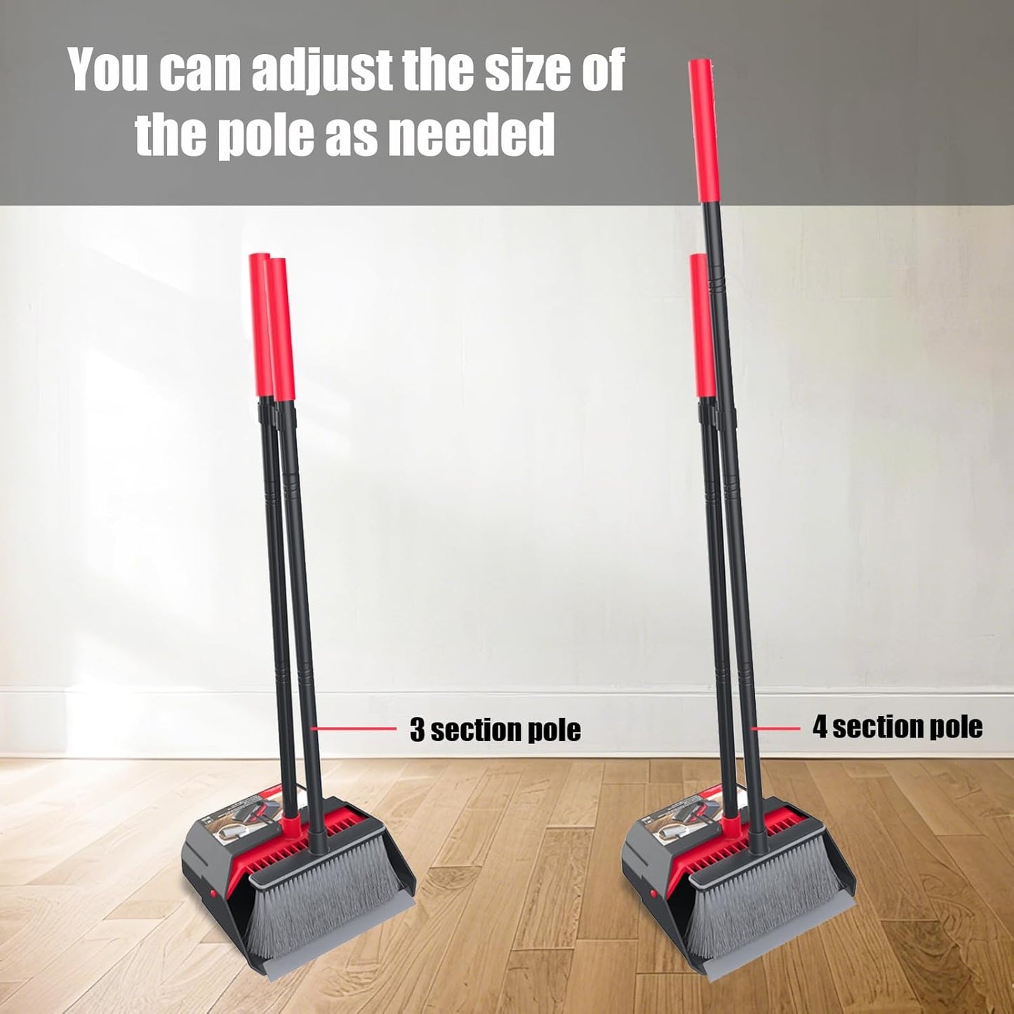 Broom with Dustpan Combo Set, Dust Pans with Long Handle, Brooms with Dustpan, Dust Pan Broom Kit for Home Kitchen & Yard Outside Sweeping(Gray&Red)