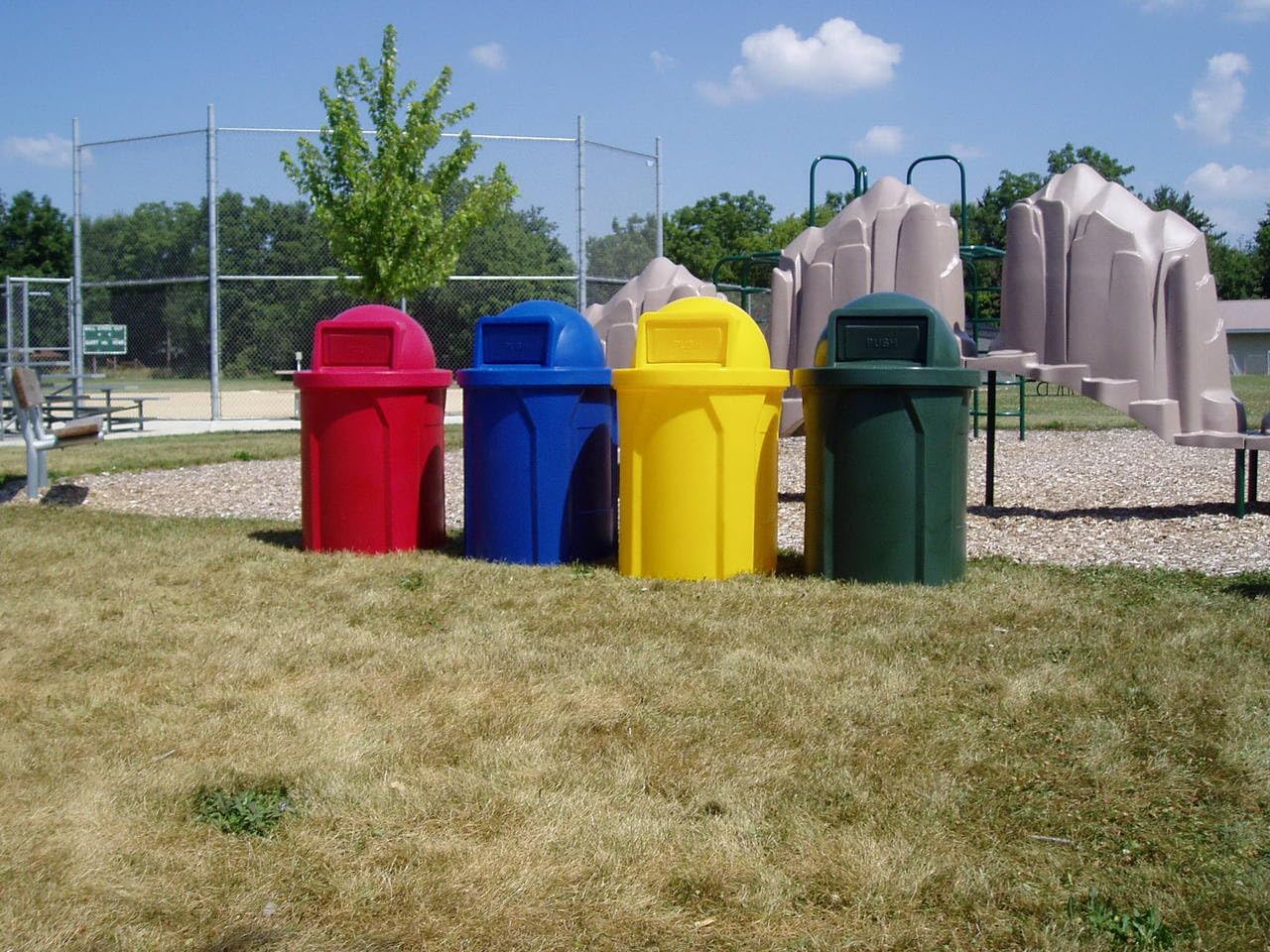 42 Gallon Circle 100% Recycled Plastic Heavy Duty Outdoor Commercial Trash Can with Push Open Dome Lid and Internal Liner - Great for Schools and Businesses - Red