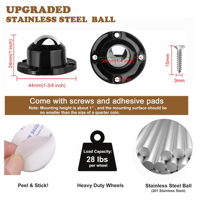 PlusRoc 8 Pack Anti-Rust Wheels Stainless Steel Self Adhesive Caster Wheels for Mop Bucket, Kitchen Appliance Rollers Sliders, Load Capacity 28LBS Per Wheel for Furniture