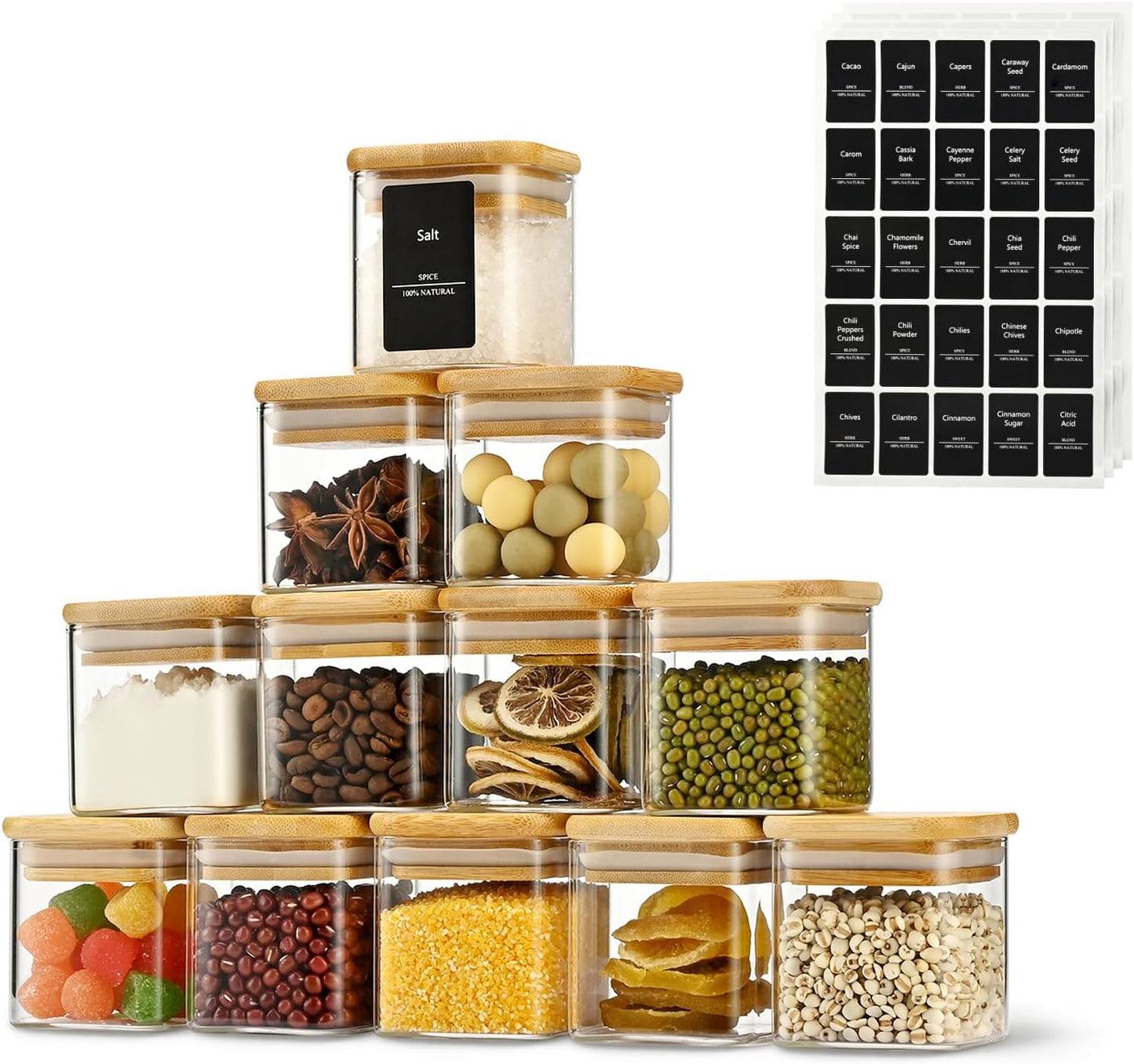 5oz Airtight Square Spice Containers with Bamboo Lid Set of 12 with Black Lables Storage Stackable Spice Jar, Kitchen Canister for Sugar, Tea, Flour, Salt and Seasonings (‎Clear Glass)