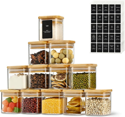 5oz Airtight Square Spice Containers with Bamboo Lid Set of 12 with Black Lables Storage Stackable Spice Jar, Kitchen Canister for Sugar, Tea, Flour, Salt and Seasonings (‎Clear Glass)