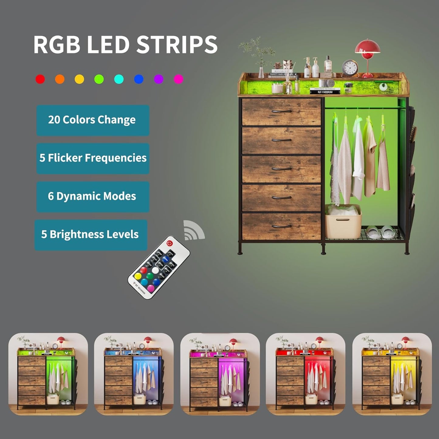 LUMTOK 2-in-1 Dresser with Hanging Racks,5 Fabric Drawers Dressers with LED Lights, Charging Station for Bedroom Living Room, Entryway, Closets (Rustic Brown)