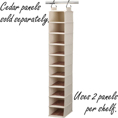 Household Essentials Hanging Shoe Organizer, 10 Wide Cubbies with Cedarline Pockets, Heavy-Duty Cotton Canvas, Removable and Industrial Hooks, Natural