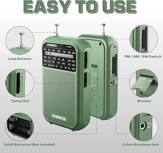 XHDATA D220 Portable AM FM SW Shortwave Receiver Pocket Radio, 2 AA Battery Operated, Transistor Radios with Excellent Reception for Family or Elder (Green)