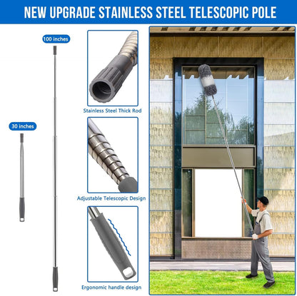 Microfiber Feather Duster 5-in-1 Kit for Dusting and Cleaning – 30–100" Extension Pole, Anti-Slip Grip, Bendable Washable Heads for Ceiling Fan, Furniture, Car (Blue)