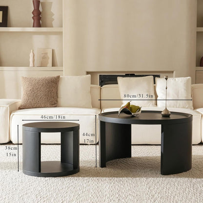 Round Nesting Coffee Table Set of 2,31.5" Large & 18" Small Low Tables with Wood Look Top,Space-Saving Side Tables for Living Room,Bedroom,Office,Minimalist Center Table Set (Black, L+S)