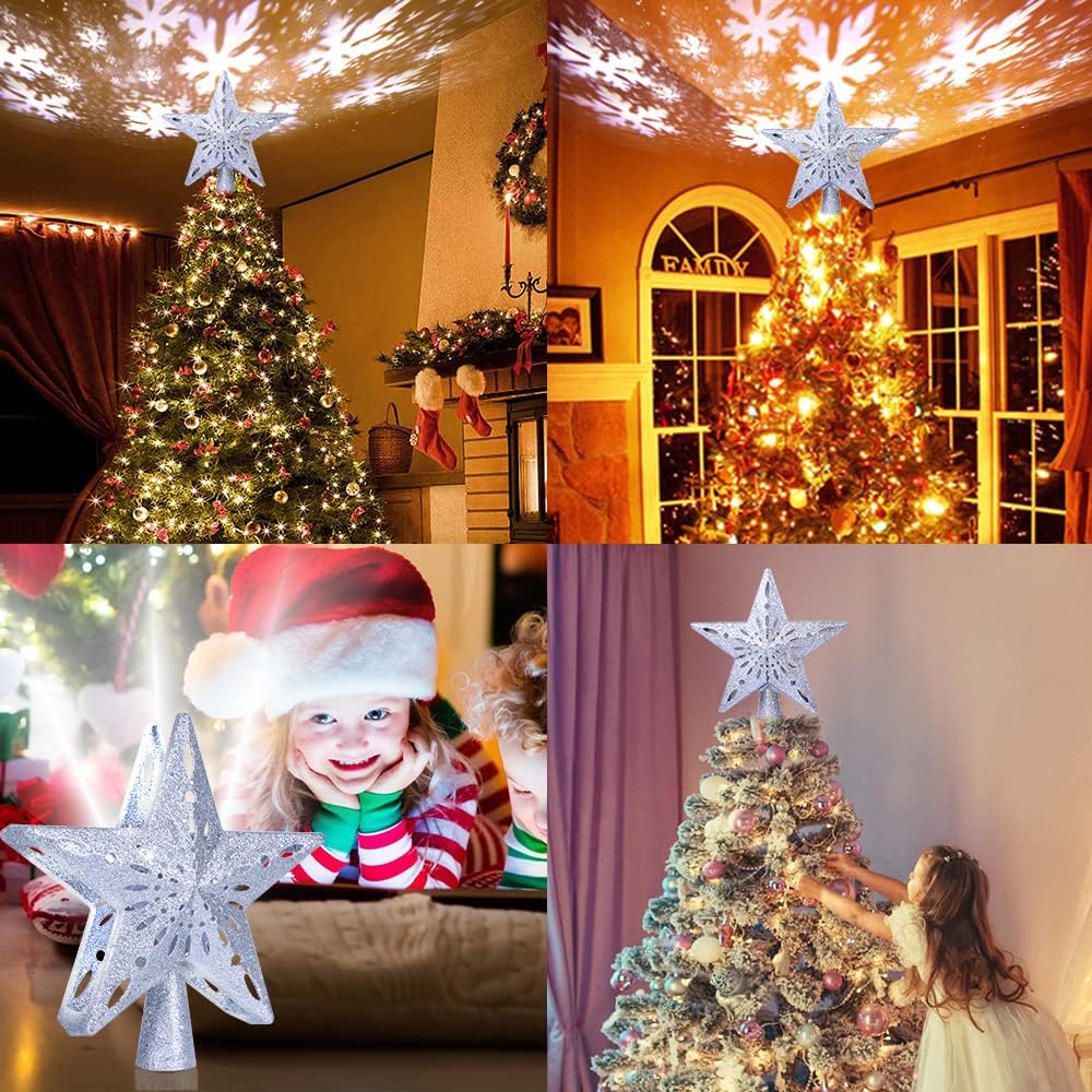OurWarm Christmas Tree Topper Lighted Star Tree Toppers with LED Rotating Snowflake Projector Lights, 3D Hollow Silver Star Snow Tree Topper for Christmas Tree Decorations