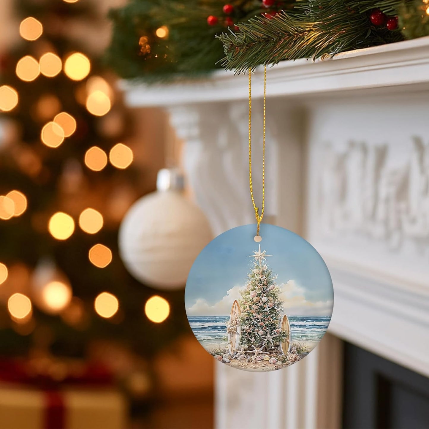 Coastal Beach Christmas Ceramic Ornament Gifts, Ocean Beachy Seashell Christmas Decorative Hanging Ornaments for Xmas Tree Holiday Party Decoration, Coastal Beach Xmas Tree Decorations