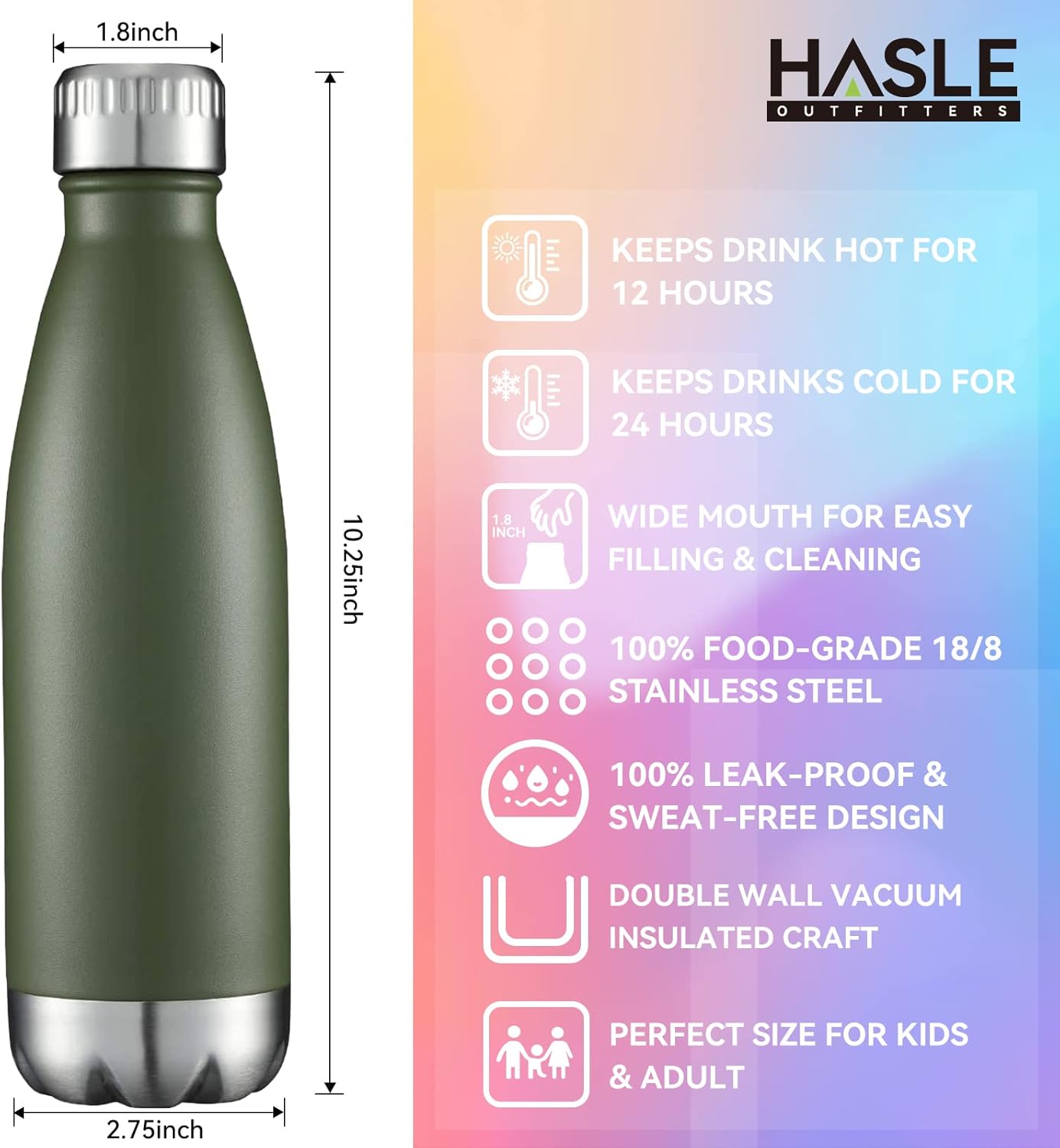 HASLE OUTFITTERS 17oz Stainless Steel Water Bottles Bulk, Vacuum Insulated Water Bottles Double Walled Powder Coated Reusable Metal Sports Water Bottles Keep Drinks Hot and Cold, ArmyGreen, 4Packs