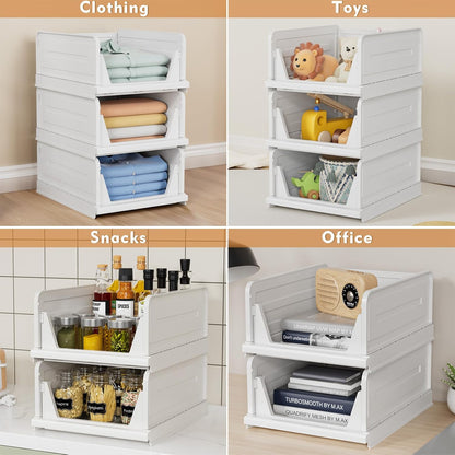 6 Pack Stackable Closet Storage Basket - Stackable Storage Bins, Multifunctional & Foldable Closet Organizer, Wardrobe Storage Space-Saving Clothes Storage Drawer Organizer, White