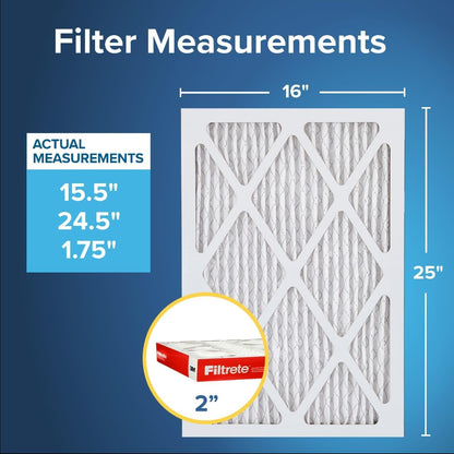 Filtrete 16x25x2 AC Furnace Air Filter, MERV 11, MPR 1000, Allergen Defense, 3-Month Pleated 2-Inch Electrostatic Air Cleaning Filter, 4 Pack (Actual Size 15.5 x 24.5 x 1.75 in)
