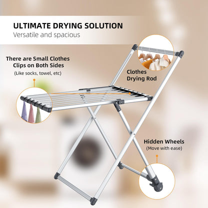 Clothes Drying Rack, Foldable Laundry Rack for Indoor Outdoor, 10pcs Sock Clips, Collapsible Space-Saving Drying Rack for Clothes Towels Dolls