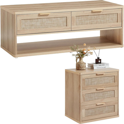 LEYAOYAO Boho Rattan Coffee Table and End Table Sets, 48" Wide Center Tables & 23" Night Stand with 3 Drawers, Natural Wood Coffee Table for Living Room 2 Piece Set