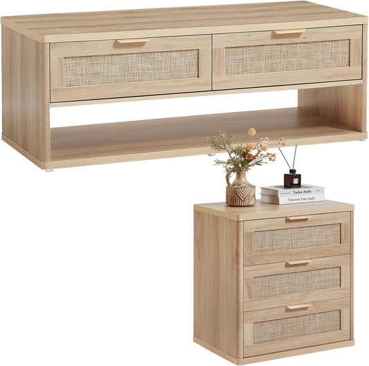 LEYAOYAO Boho Rattan Coffee Table and End Table Sets, 48" Wide Center Tables & 23" Night Stand with 3 Drawers, Natural Wood Coffee Table for Living Room 2 Piece Set