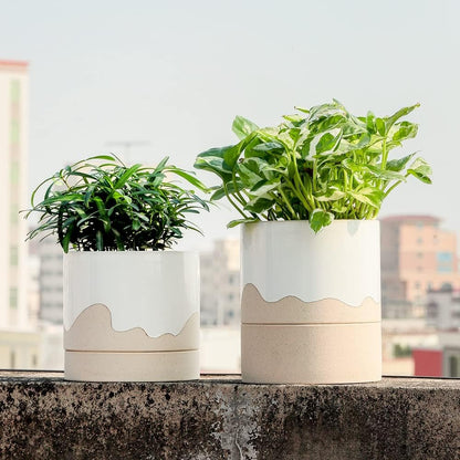 Nihow Ceramic Plant Pot: 6 Inch Planter with Drainage Hole & Saucer for Indoor & Outdoor Plants - Cylinder Round Flower Pot for Succulent/Herbs/Violets - White & Nature